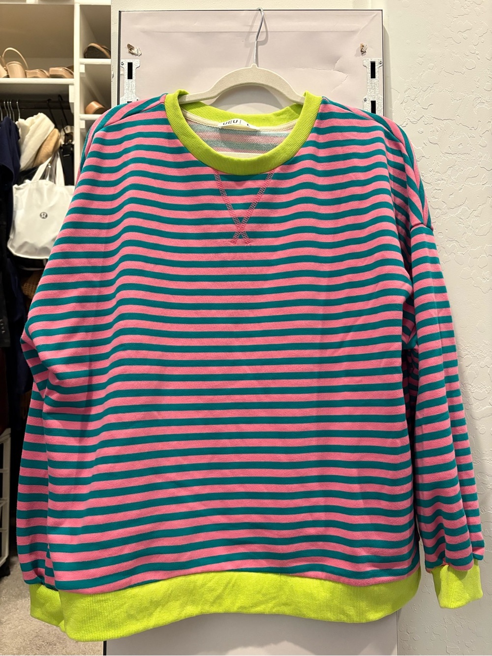 Women's Striped Crewneck Sweater - Pink & Teal with Lime Trim
